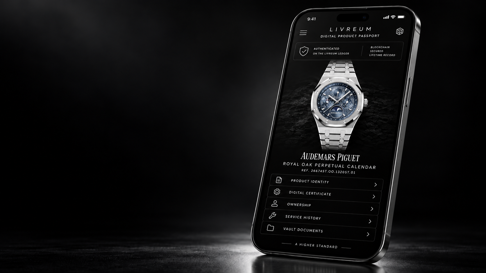 A visual preview of the Livreum digital passport experience, presented on a phone with a luxury watch.